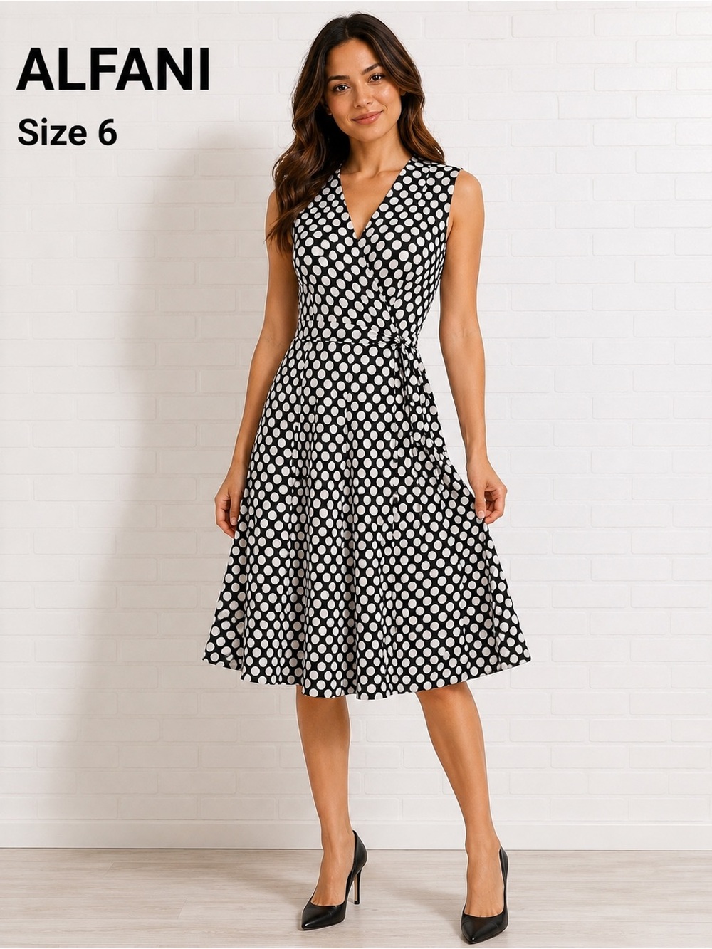 Alfani Black and White Polka Dot, Wrap Summer Dress with Full Skirt.
